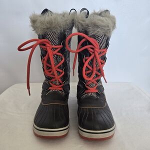 SOREL 'TOFINO CORDOVAN' BOOTS WOMEN HERRINGBONE BROWN ORANGE FAUX FUR SIZE 8